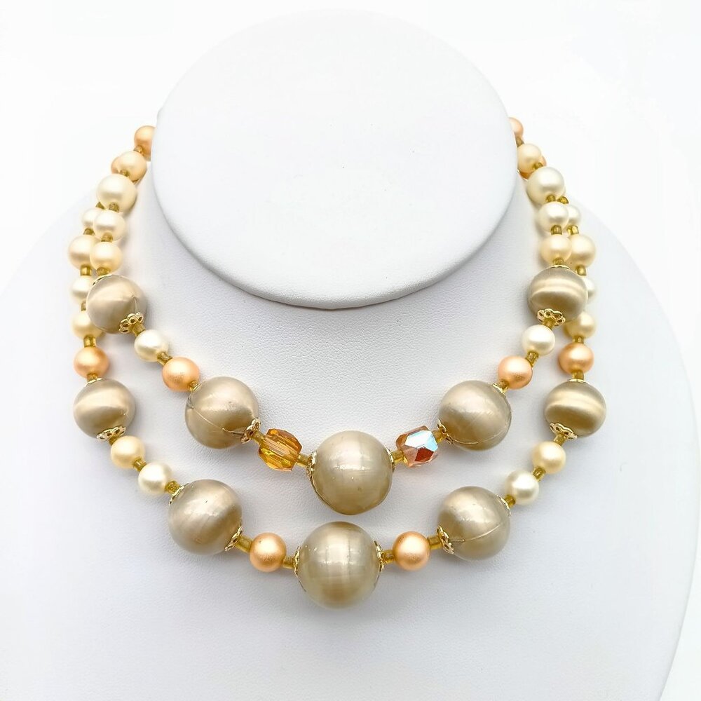 Vintage Double Strand Faux Pearl Choker Necklace with Gold Accents and Crystal